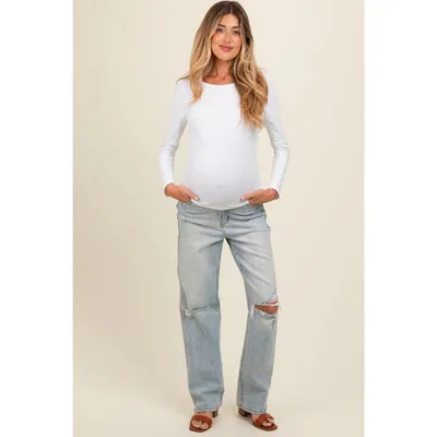 Target PinkBlush Light Blue Open Knee Relaxed Straight Leg Maternity Jeans Light Blue 26