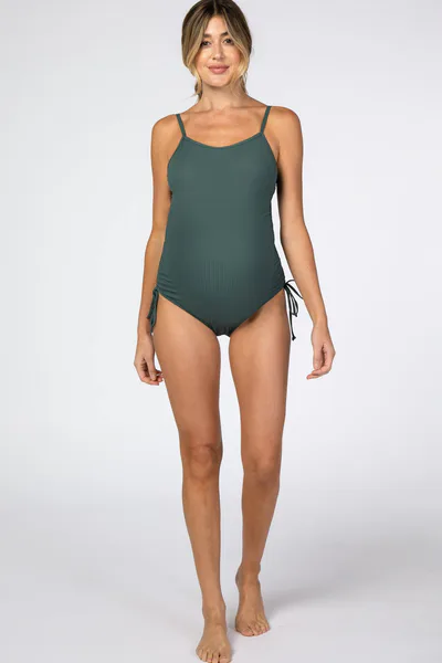 PinkBlush Green Ribbed Side Tie One-Piece Maternity Swimsuit
