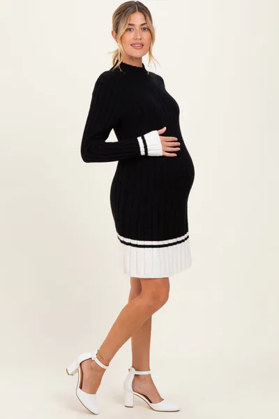 PinkBlush Black Ribbed Contrast Hem Maternity Sweater Dress
