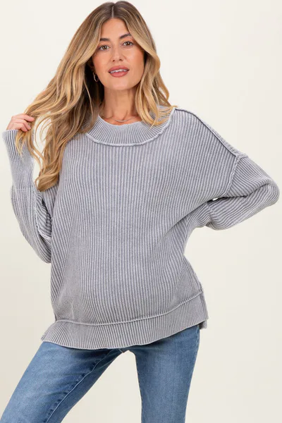PinkBlush Grey Washed Side Slit Oversized Maternity Sweater