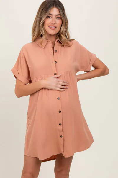 PinkBlush Peach Dolman Sleeve Linen Maternity Shirt Dress
