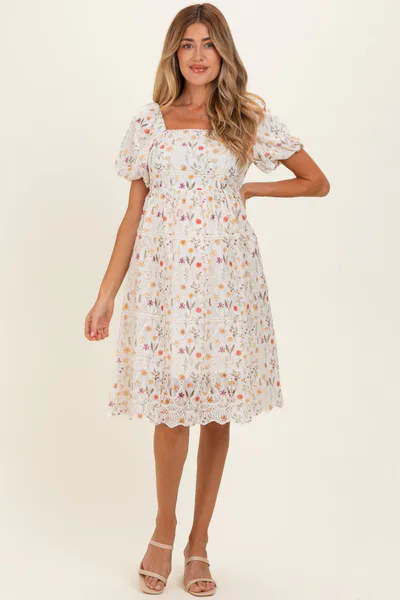 PinkBlush Ivory Floral Embroidered Maternity Mini Dress