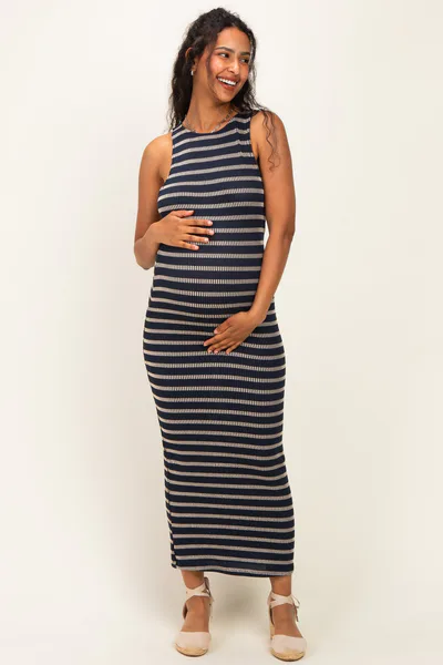 PinkBlush Navy Ribbed Striped Fitted Maternity Maxi Dress