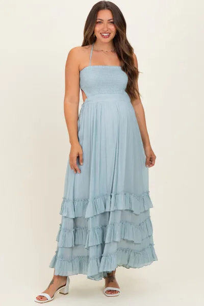 PinkBlush Light Blue Halter Smocked Ruffle Tier Hem Maternity Maxi Dress