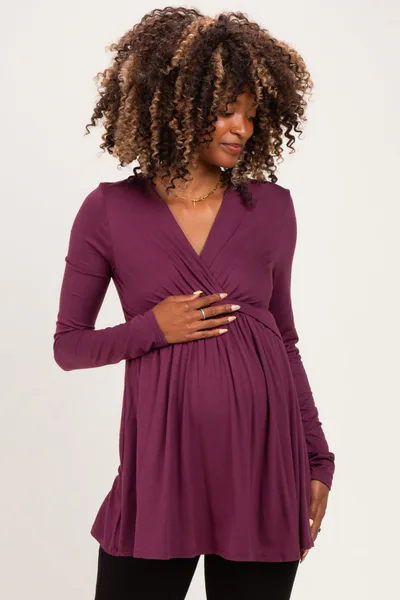 PinkBlush PinkBlush Burgundy Long Sleeve Draped Front Maternity Nursing Top