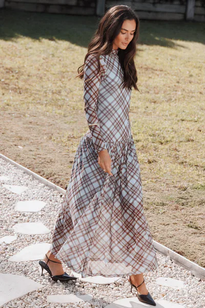 Petal & Pup Odilia Long Sleeve Mesh Maxi Dress - Blue Plaid