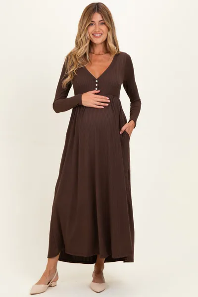 PinkBlush Brown Ribbed Knit Long Sleeve Maternity Maxi Dress