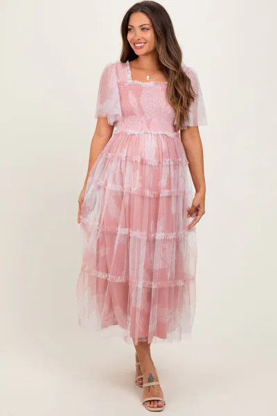PinkBlush Pink Smocked Top Mesh Ruffled Maternity Midi Dress