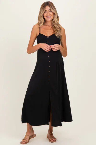 PinkBlush Black Button Accent Maternity Midi Dress