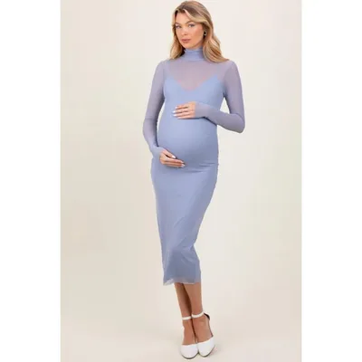 Target PinkBlush Light Blue Mesh Overlay Fitted Maternity Midi Dress Light Blue Large