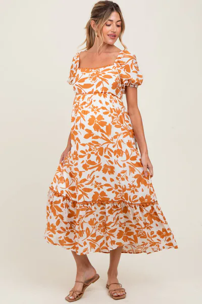 PinkBlush Orange Floral Scallop Trim Puff Sleeve Maternity Midi Dress