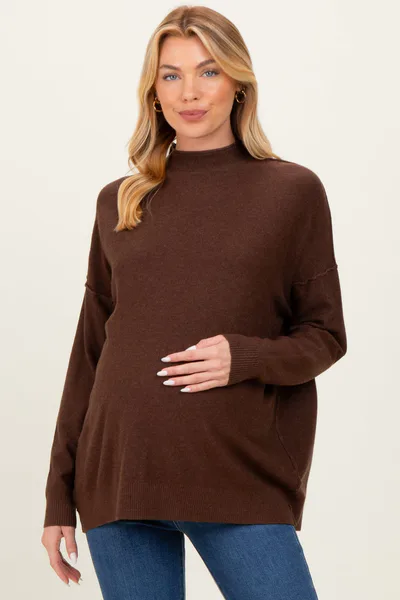 PinkBlush Brown Mock Neck Exposed Seam Maternity Sweater