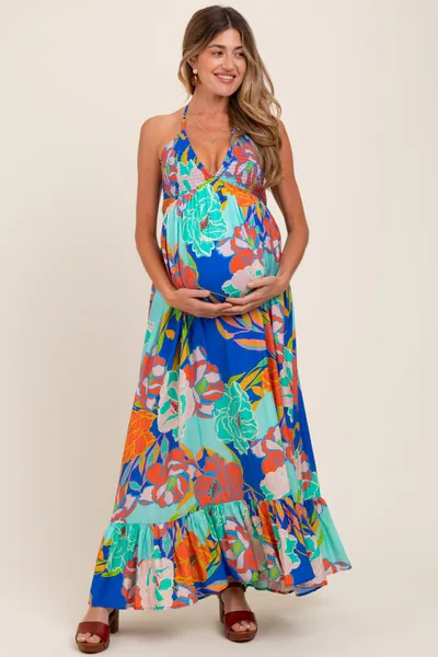 PinkBlush Royal Blue Floral Halter Cutout Tie Back Maternity Maxi Dress