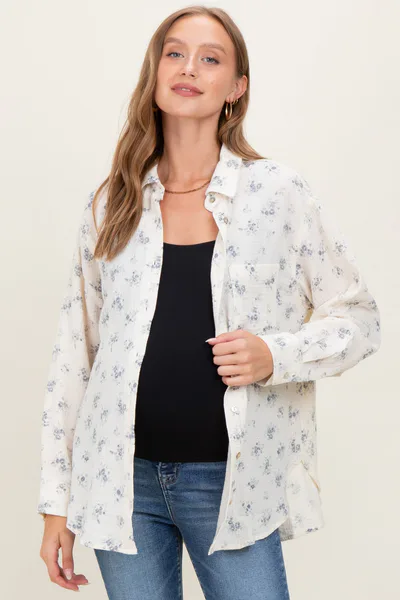 PinkBlush Blue Floral Cotton Gauze Oversized Button-Down Maternity Shirt