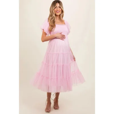Target Pinkblush Light Pink Smocked Tiered Tulle Maternity Midi Dress Medium
