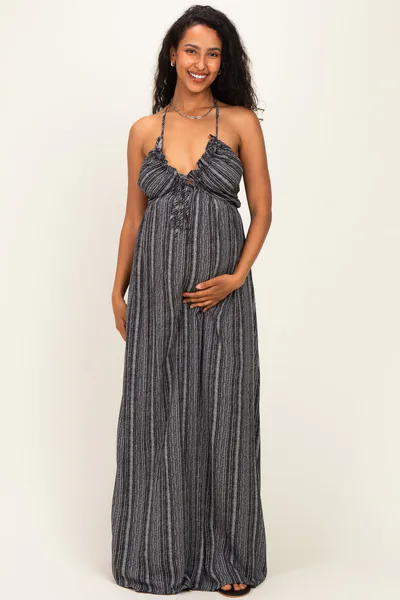 PinkBlush Black Printed V Neck Maternity Maxi Dress