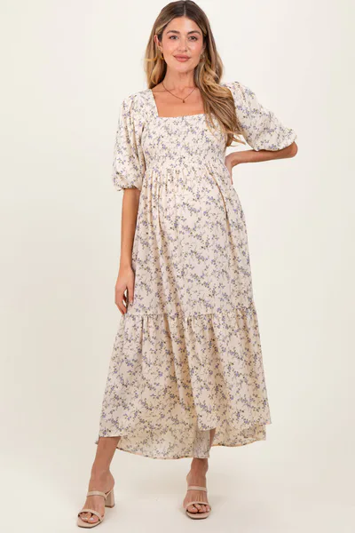 PinkBlush Ivory Floral Smocked Hi-Low Puff Sleeve Maternity Maxi Dress