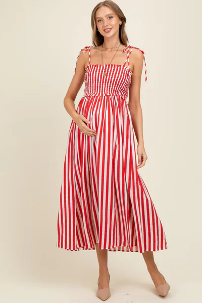 PinkBlush Red Striped Smocked Shoulder Tie Maternity Midi Dress