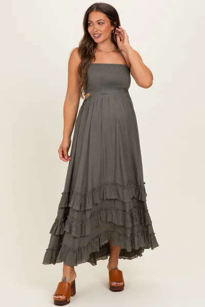 PinkBlush Olive Halter Smocked Ruffle Tier Hem Maternity Maxi Dress