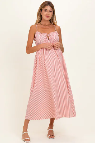 PinkBlush Red Striped Front Tie Cutout Ruffle Maternity Midi Dress