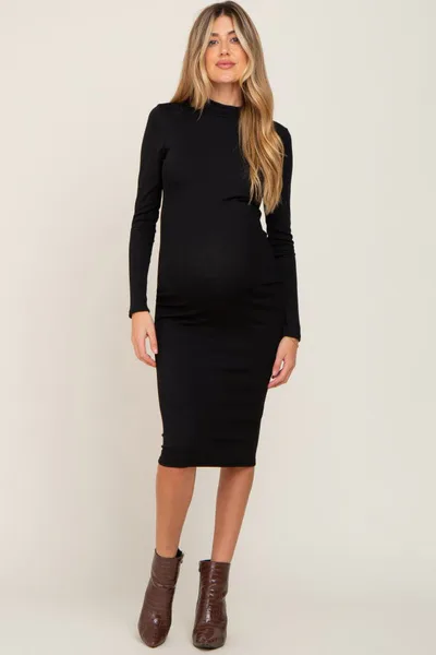 PinkBlush Black Ribbed Fitted Mock Neck Long Sleeve Maternity Dress