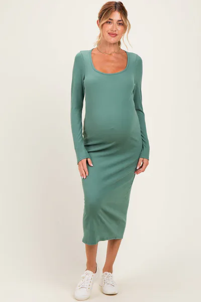 PinkBlush Olive Scoop Neck Long Sleeve Maternity Midi Dress