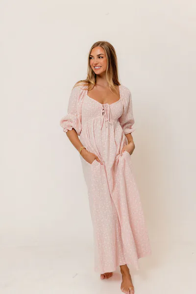 Worth Collective Cecilia 100% Cotton Smocked Maxi Dress in Pale Pink Foliage - Bump Friendly