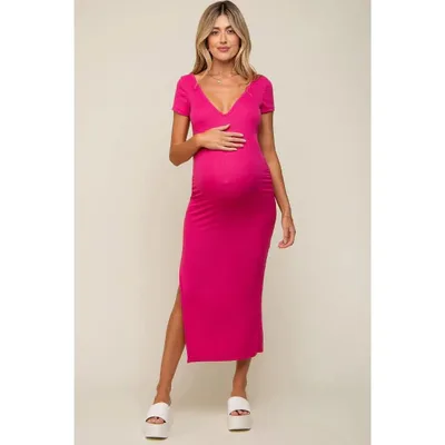 Target Pinkblush Fuchsia Basic Ribbed Side Slit Maternity Midi Dress Large
