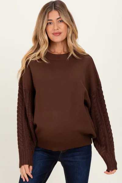 PinkBlush Brown Cable Knit Sleeve Round Neck Sweater