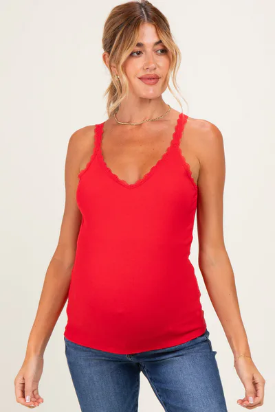 PinkBlush Red Lace Trim Detail Ribbed Maternity Knit Tank Top