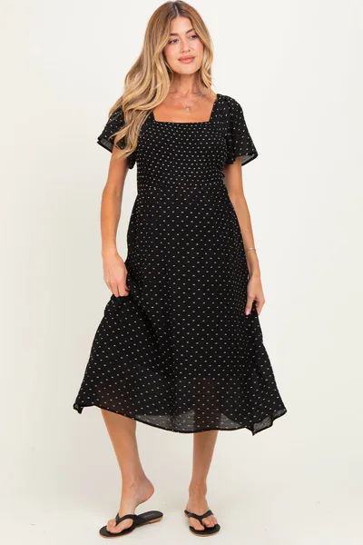 PinkBlush Black Polka Dot Smocked Maternity Midi Dress