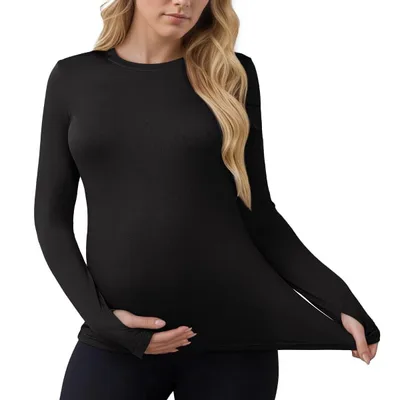 Target INSPIRE CHIC Women's Maternity Workout Tops Stretchy Fitted Crew Neck Long Sleeve Thumbholes Pregnancy Yoga Basic Undershirts Large Black