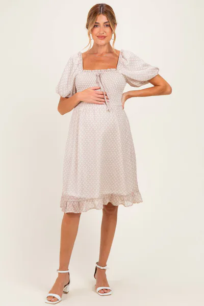 PinkBlush Light Taupe Printed Smocked Ruffle Accent Maternity Dress