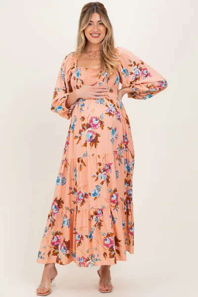 PinkBlush Peach Floral Long Sleeve Smocked Top Tiered Maternity Maxi Dress