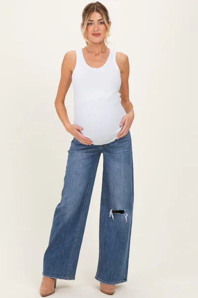 PinkBlush Blue Distressed Open Knee Wide Leg Maternity Jeans