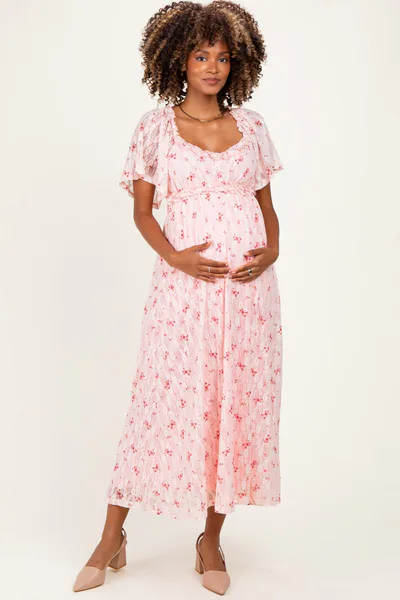 PinkBlush Peach Floral Lace Maternity Maxi Dress