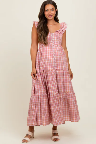 PinkBlush Mauve Cotton Plaid Maternity Maxi Dress