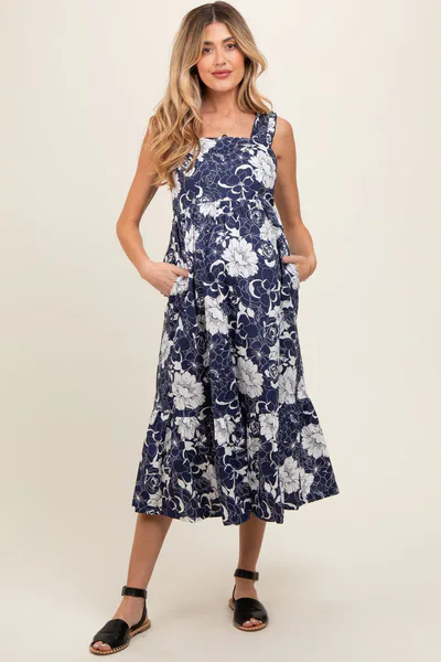 PinkBlush Navy Floral Tiered Sleeveless Maternity Midi Dress