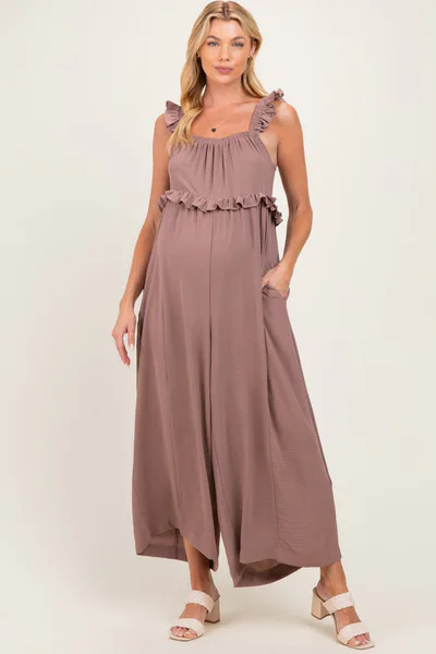 PinkBlush Light Mocha Ruffle Strap Maternity Wide Leg Jumpsuit