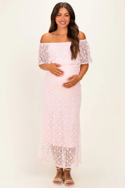 PinkBlush Light Pink Off Shoulder Lace Maternity Maxi Dress