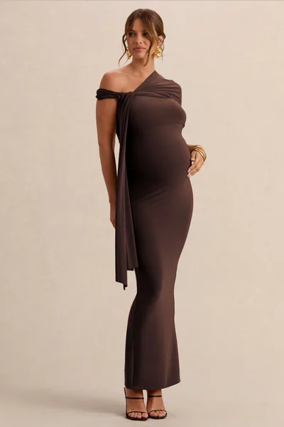 Club L London Isela | Dark Brown Asymmetric-Neck Maternity Maxi Dress With Sash Detail
