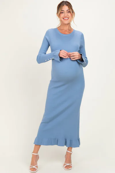 PinkBlush Denim Ribbed Knit Bow Back Maternity Maxi Dress