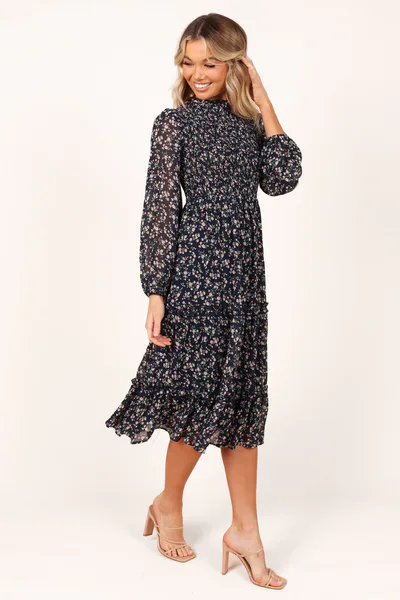Petal & Pup Edwina Shirred Frill Long Sleeve Midi Dress - Navy Floral