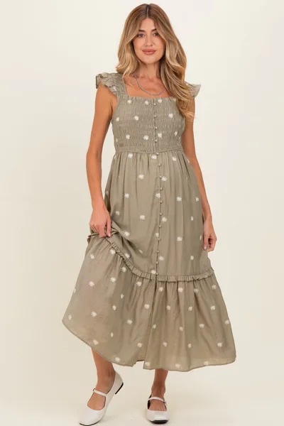 PinkBlush Olive Embroidered Ruffle Strap Smocked Maternity Maxi Dress