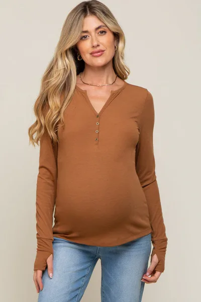 PinkBlush Camel Button Front Long Sleeve Maternity Top