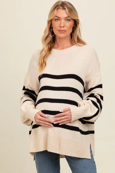 PinkBlush Beige Striped Oversized Side Slit Maternity Sweater