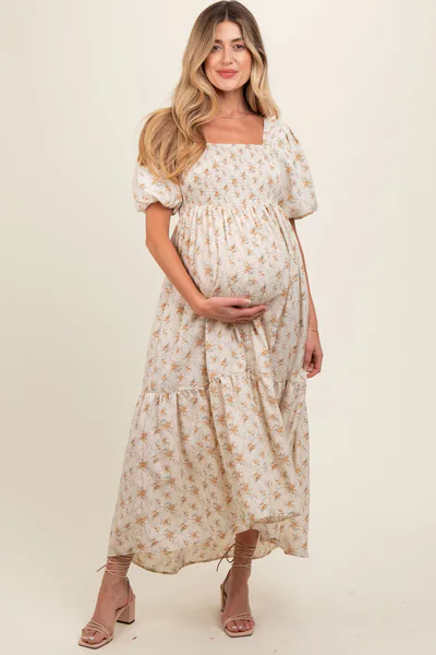 PinkBlush Cream Floral Smocked Square Neck Short Puff Sleeve Maternity Midi Dress