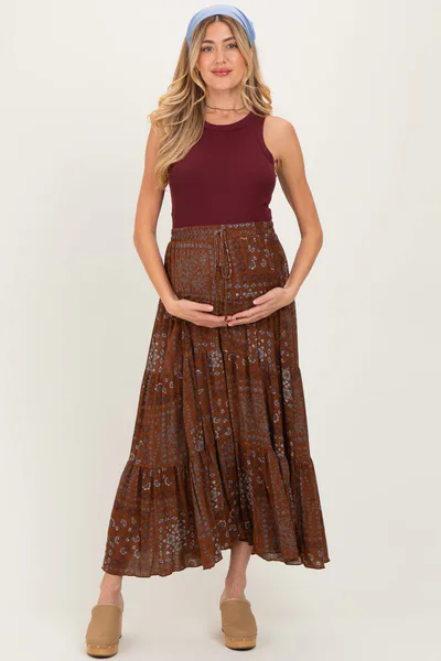 PinkBlush Brown Printed Tiered Maternity Maxi Skirt