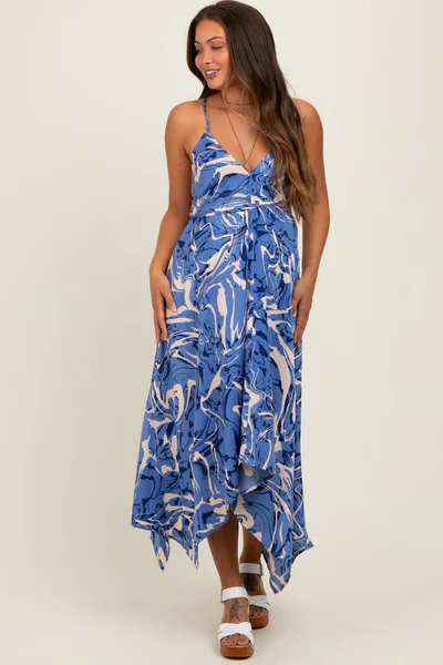 PinkBlush Blue Printed Crisscross Back Maternity Handkerchief Dress