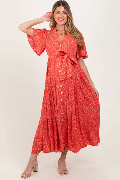 PinkBlush Red Flutter Sleeve Button Down Maternity Maxi Dress